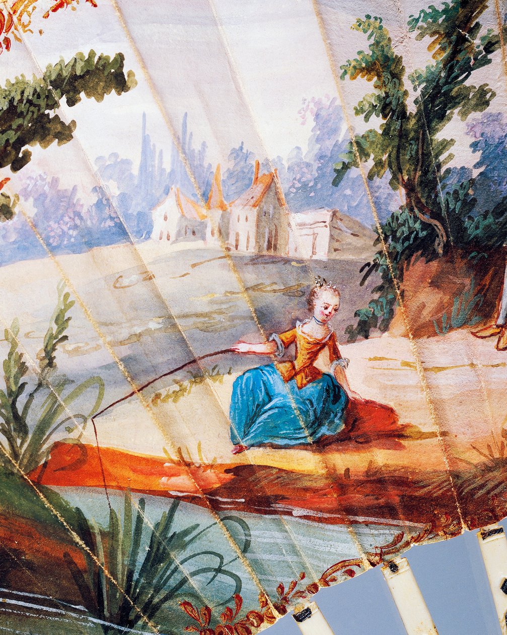 Žena lovící v řece, detail dvoulistého ručního vějíře malovaný pastorační scénou, slonovinou a stříbrnými žebry, cca 1760, přední, Francie od French School