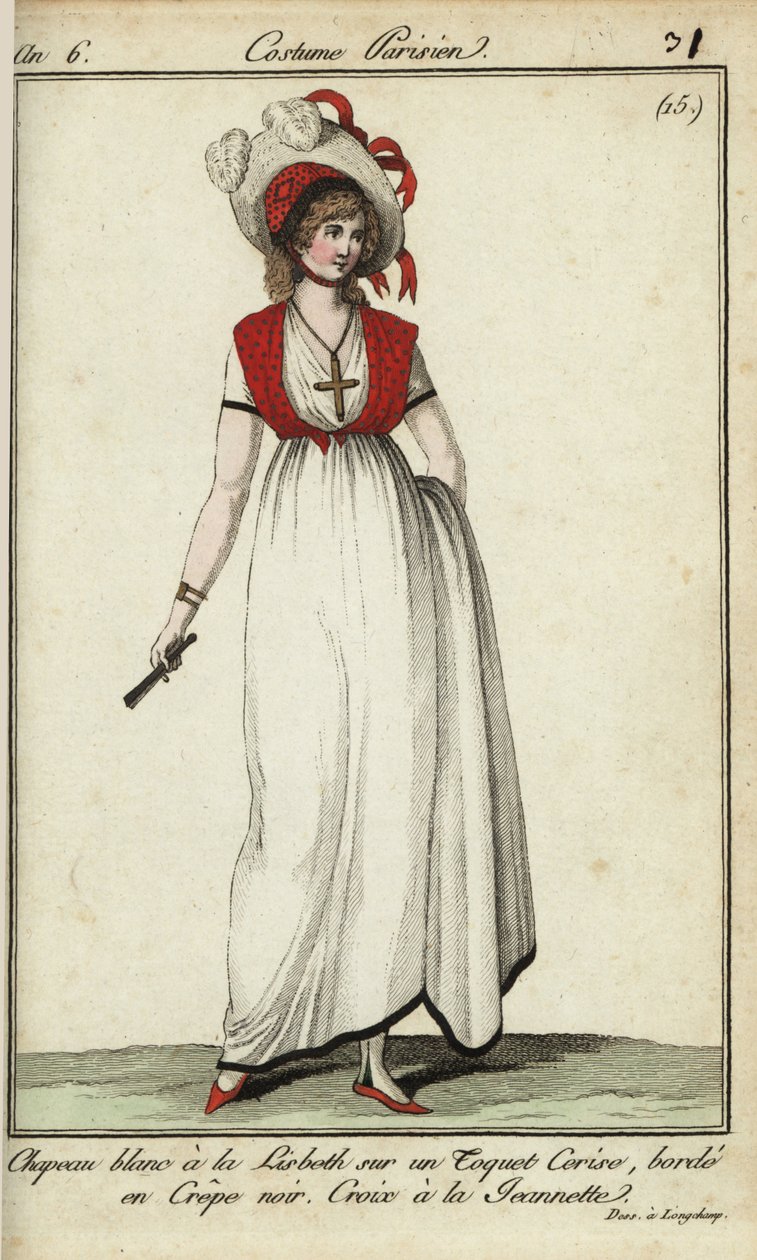 Žena v klobouku Lisbeth v módě z roku 1798 (ručně kolorovaná mědirytina) od French School