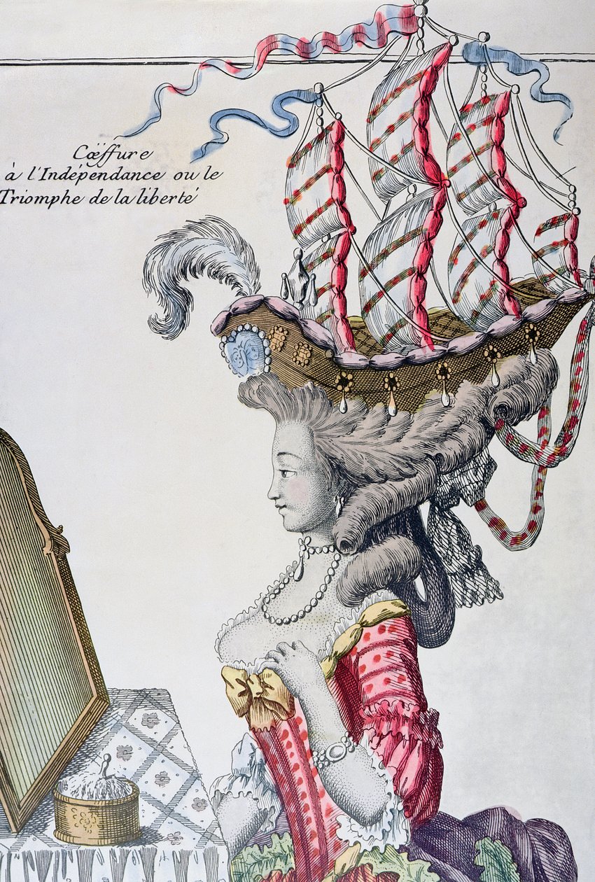 Žena v denních šatech s účesem a la Belle Poule, období americké nezávislosti, 1779-80 od French School