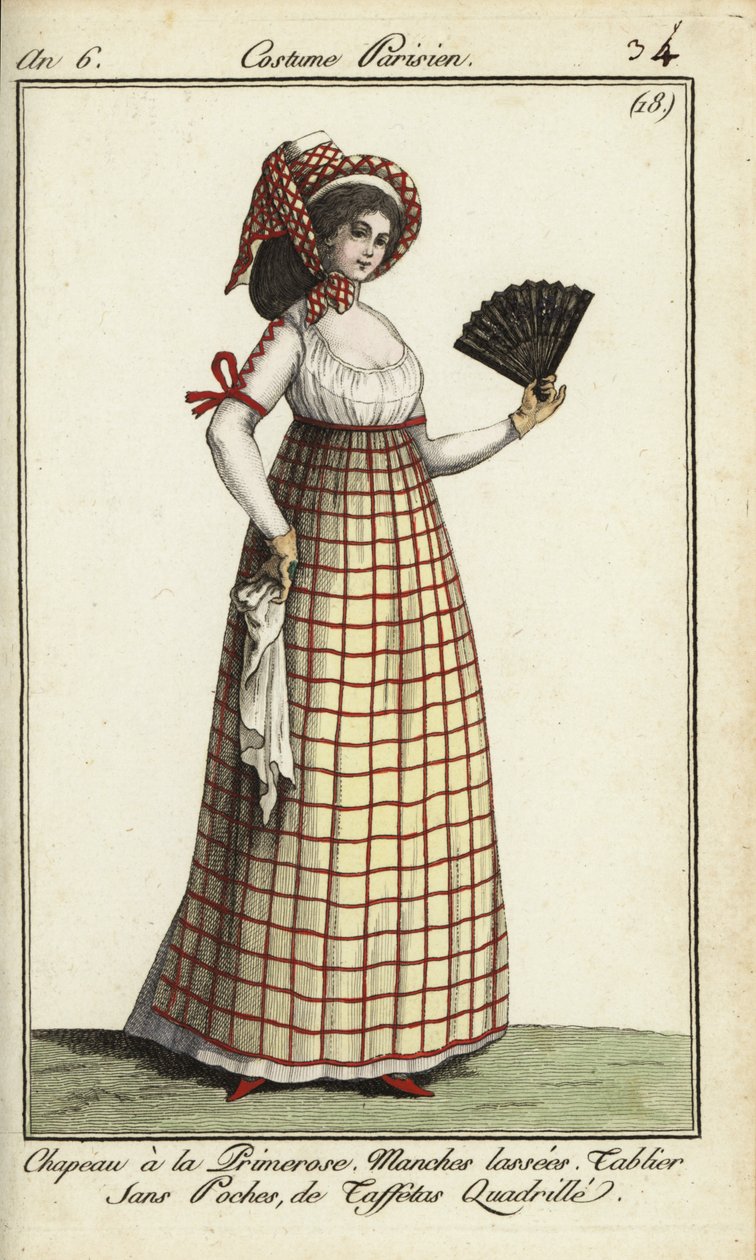 Žena v módě klobouku Primerose z roku 1798 (ručně kolorovaná mědirytina) od French School