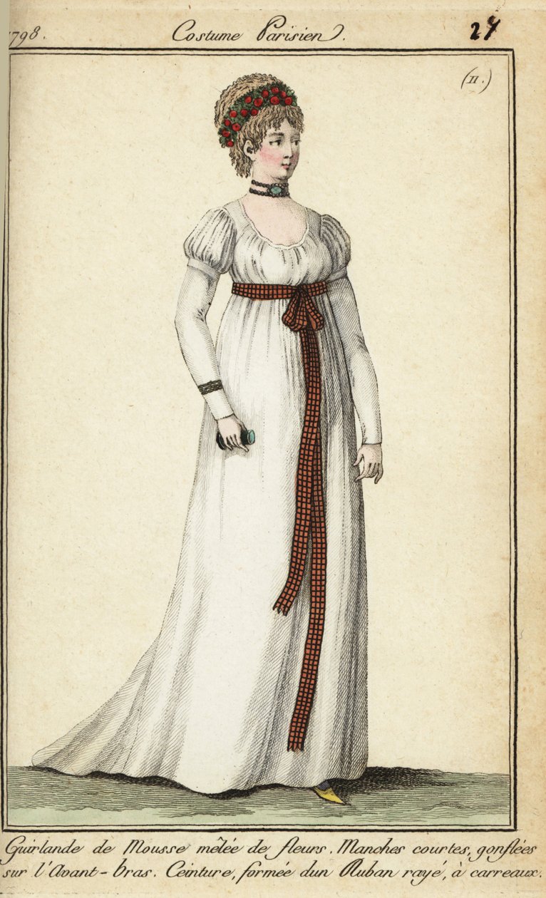 Žena podle módy z roku 1798 s krátkými vlasy pod girlandou (ručně kolorovaná mědirytina) od French School