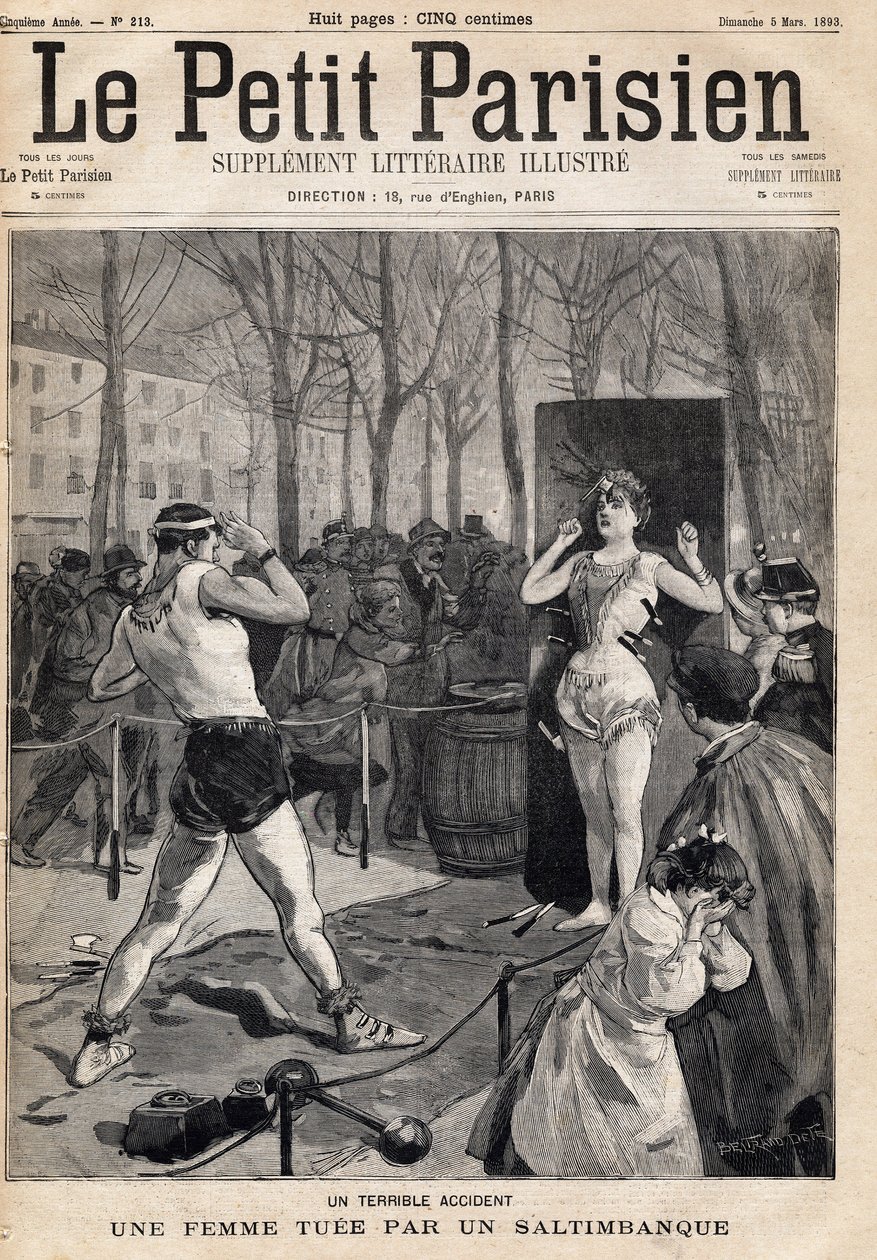 Žena zabitá náhodou během show saltibank na ulici, Place des Quinconces v Bordeaux. Jeden z novin „Le petit Parisien““ dne 5.3.1893 (rytina) od French School