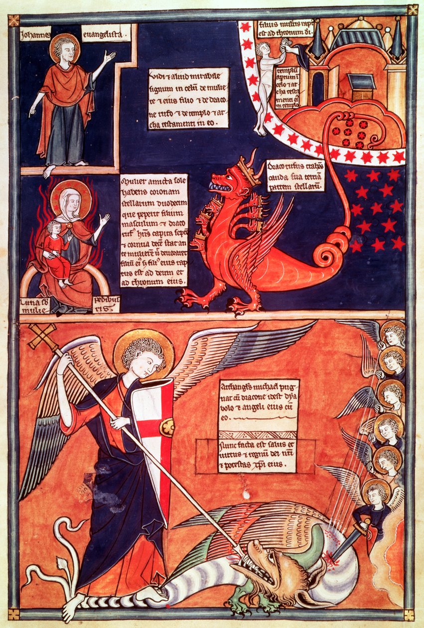 Žena z Apokalypsy je napadena sedmihlavým drakem a St. Michael Killing the Dragon, z Liber Floridus od Lamberta de Saint-Omer, kolem 1120 od French School