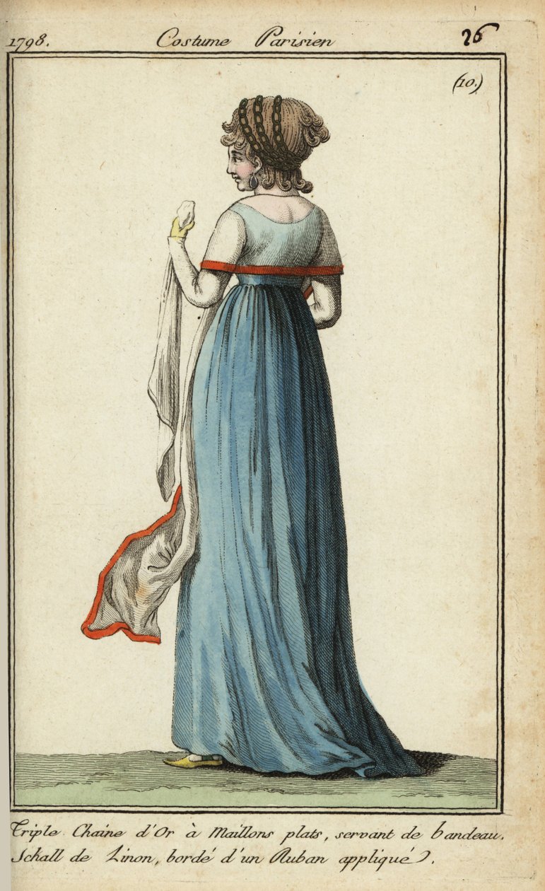Žena s průhledným šátkem v módě z roku 1798 (ručně kolorovaná mědirytina) od French School