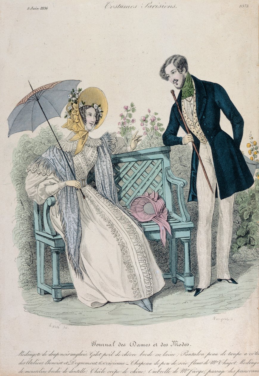 Žena s deštníkem a muž v županu v zahradě, módní deska z Journal des Dames et des Modes, 5. června 1836 od French School