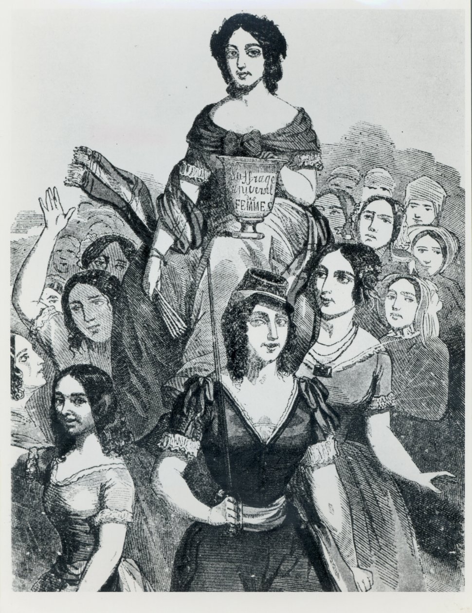 Ženy nesoucí Jeanne Deroin (1805-94) v Triumphu, z Les Femmes Celebres, svazek I, Paříž, Mazenod, 1848 od French School
