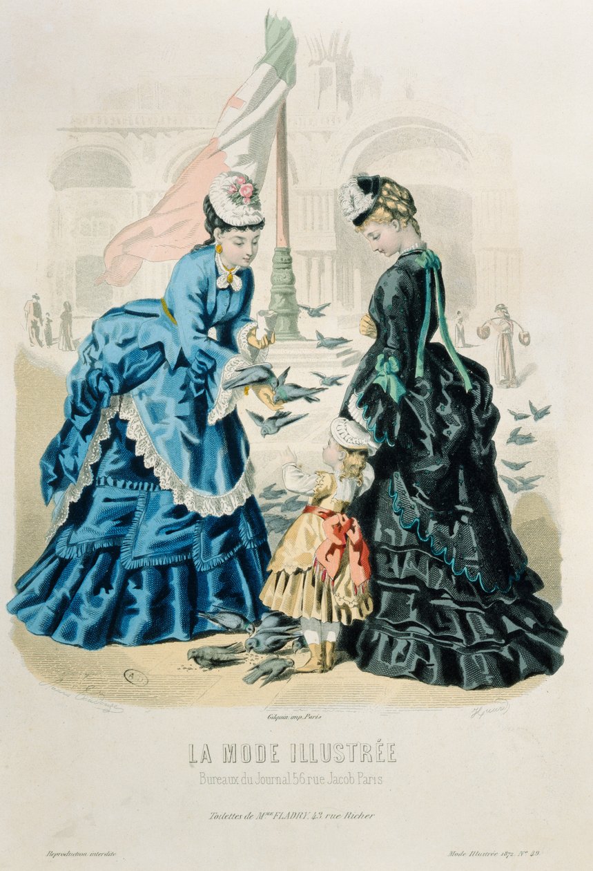 Ženy a dítě krmící holuby, z La Mode Illustrée, 1872 od French School