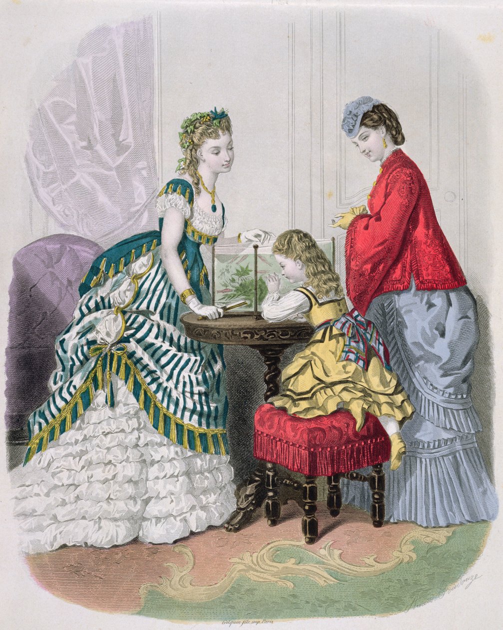 Ženy a dítě při pohledu na akvárium, z La Mode Illustrée, c.1870 od French School