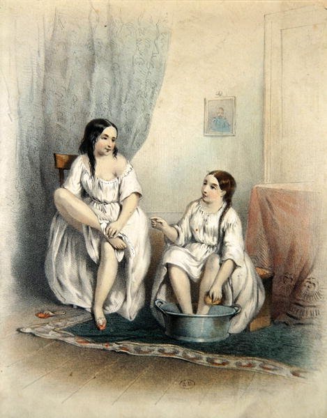 Ženy na jejich záchodě (barevné rytí) od French School