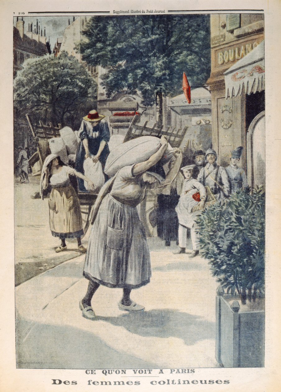 Ženy nesoucí pytle mouky během 1. světové války v Paříži, ilustrace z Le Petit Journal, 8. července 1917 od French School