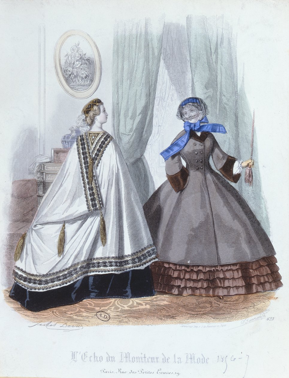 Ženy v pláštěnce a kabátu, módní talíř od LEcho du Moniteur de la Mode, 1856-7 od French School