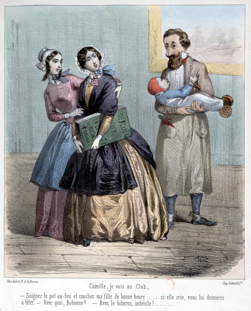 Ženy opouštějí své manžely, aby se staraly o děti, zatímco oni jdou do jejich klubu, 1848 od French School