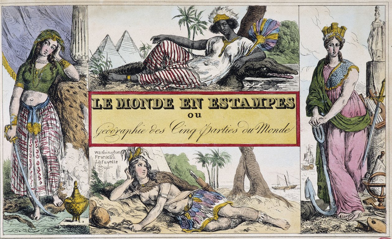 Ženy zastupující 4 kontinenty: Afriku, Evropu, Ameriku a Asii – Frontispiece „Le Monde en prints ou Geography des cinq parts du monde“ od Chevalier de Roujoux od French School