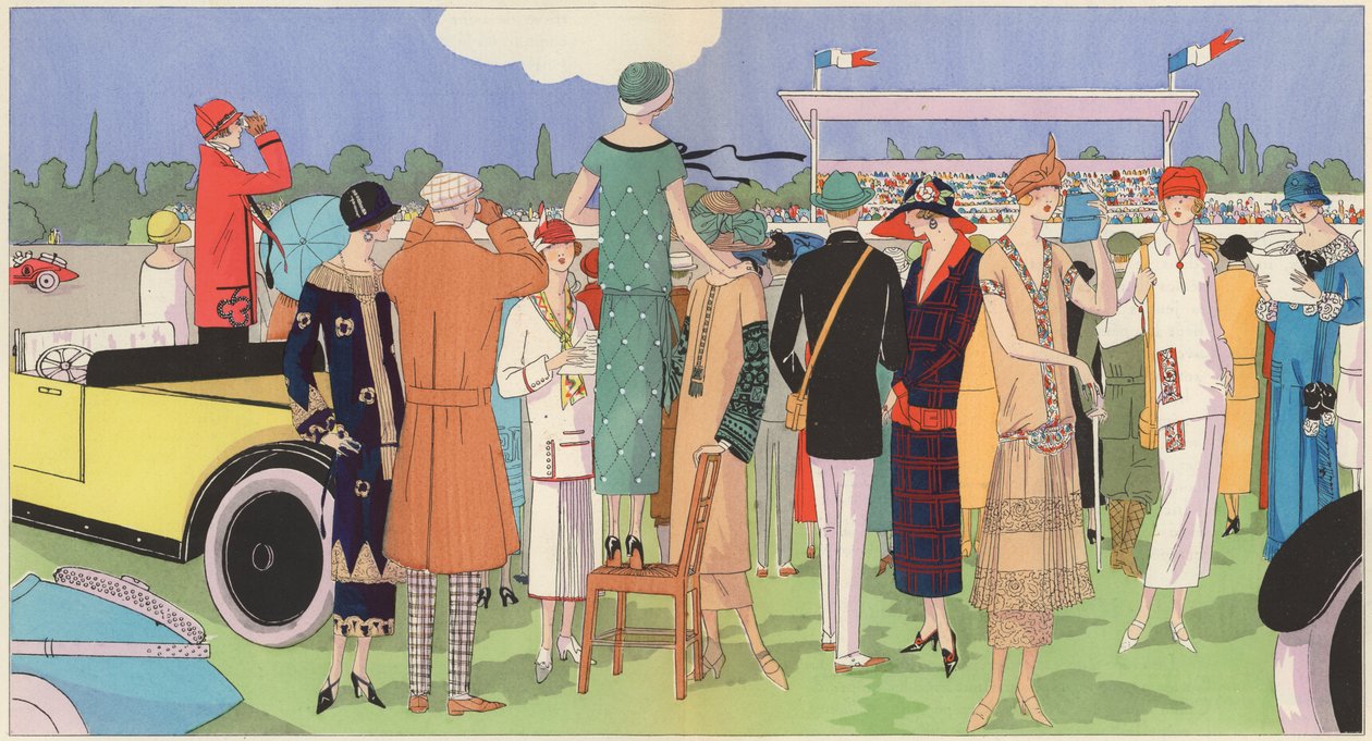 Dámská móda na závodech od návrhářů Jeanne Lanvin, Jean Patou, Premet, Georges Doeuillet (barevná litografie) od French School