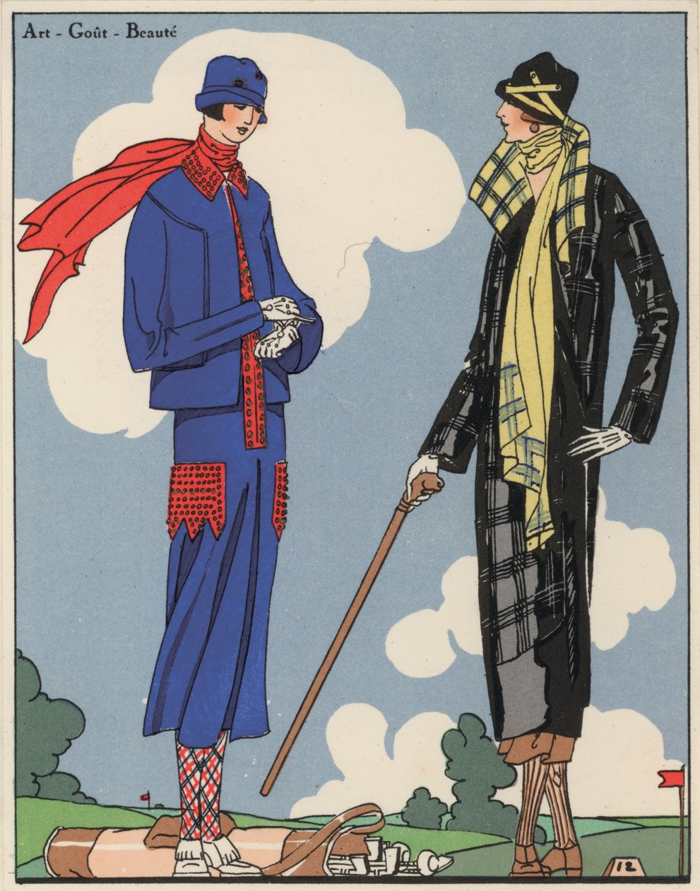Dámská golfová móda z 20. let 20. století od návrhářů Martial a Armand a Christopha Drecolla. (barevná litografie) od French School