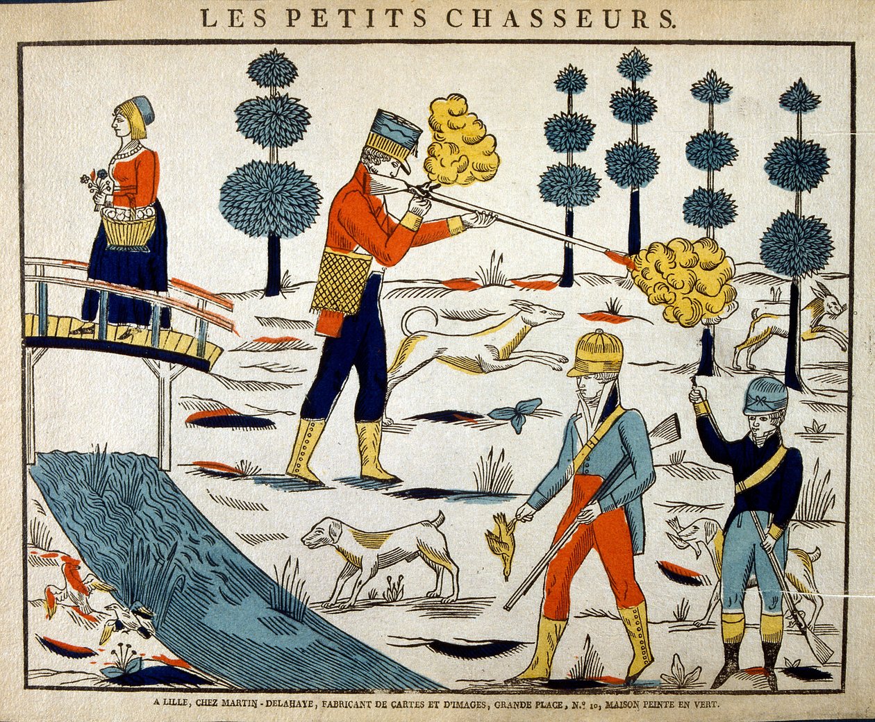 Dřevorytová ilustrace zobrazující francouzský lov z počátku 19. století od French School