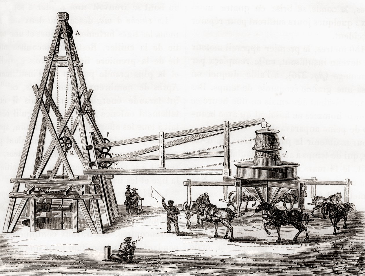 Dělníci používající kolotoč a naviják k vrtání artézských studní v Grenelle ve Francii v 19. století z „Les Merveilles de la Science“, vydaného kolem roku 1870 (rytina) od French School