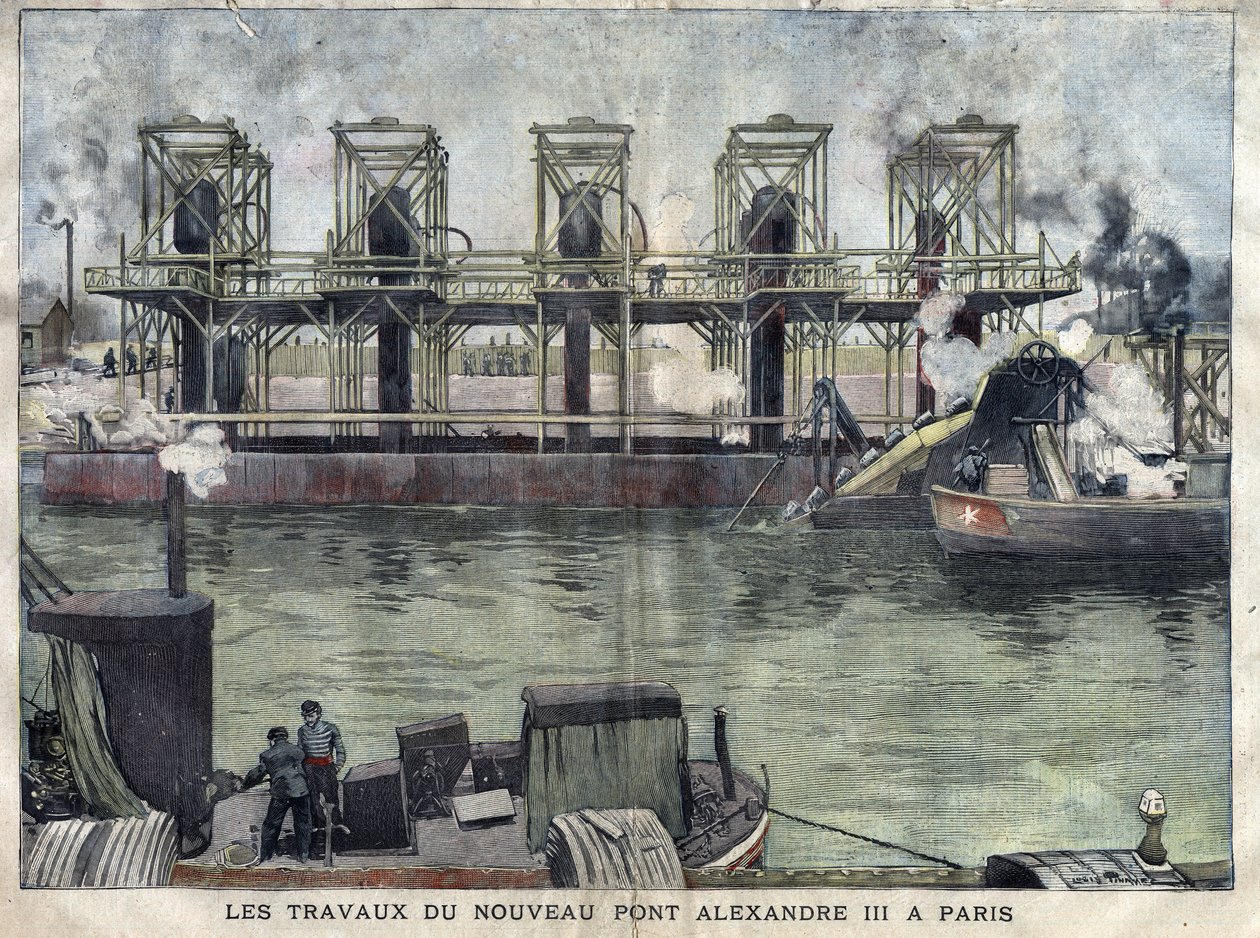 Práce v Paříži Pont Alexandre III. Rytina dubna 1898 v „La petite Gironde““. od French School