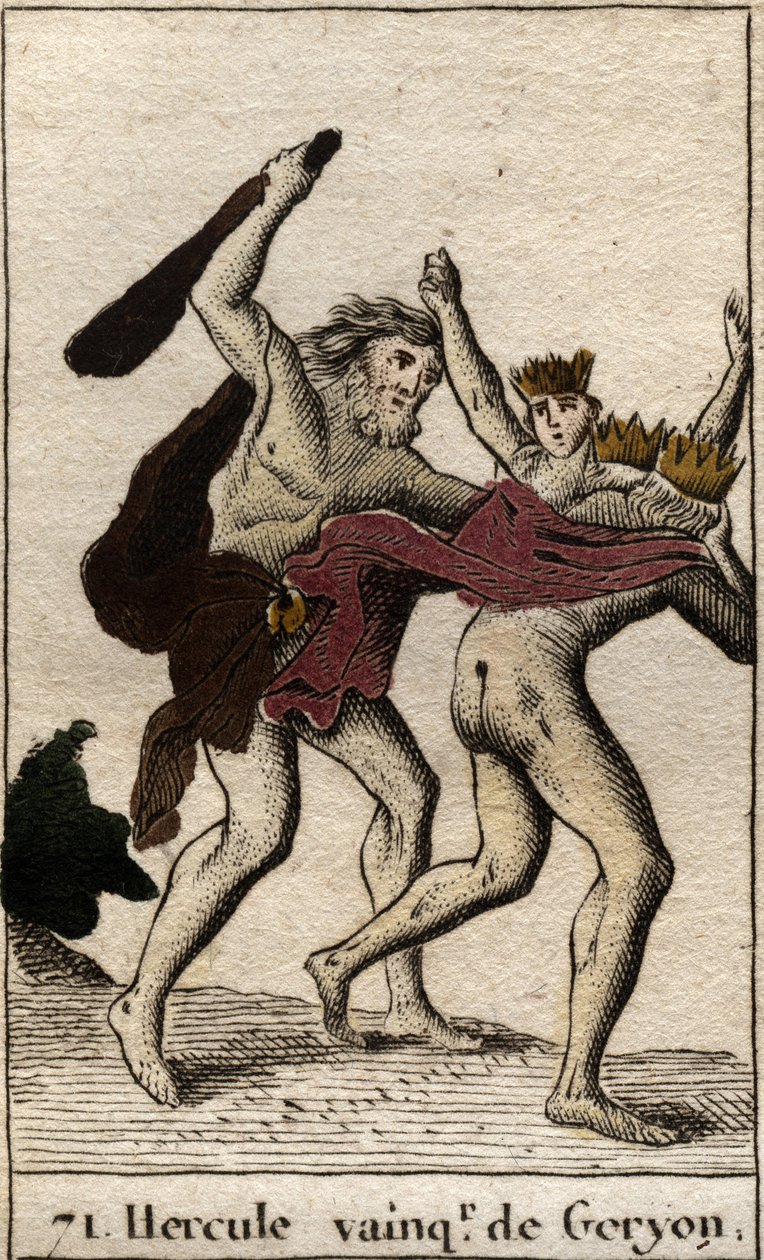 Herkulova díla: „Hercule triumfální du geant aux trois corps Geryon““ (Héraklova práce, Herkules zabíjející netvora Geryona) Z „“Mythologie de la jeunesse““ od Pierra Blancharda 1803. od French School