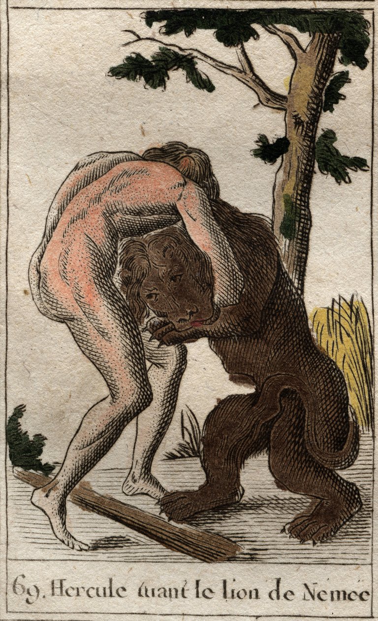 Díla Herkula: „Herkules zabíjí lva Nemee““ (První práce Hérakla, Herkules zabíjí lva Nemejského) Z „“ Mytologie mládí „“ od Pierra Blancharda 1803. od French School