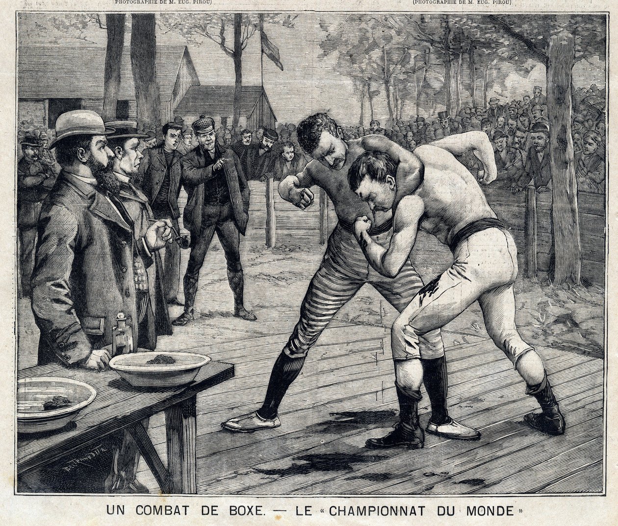Mistrovství světa: zápas v boxu mezi Jimem Corbettem a Bobem Fitzsimmonsem v Carsonu, Nevada, Spojené státy americké: V „“The Little Parisien““ dne 11. 4. 1897. Soukromá sbírka od French School