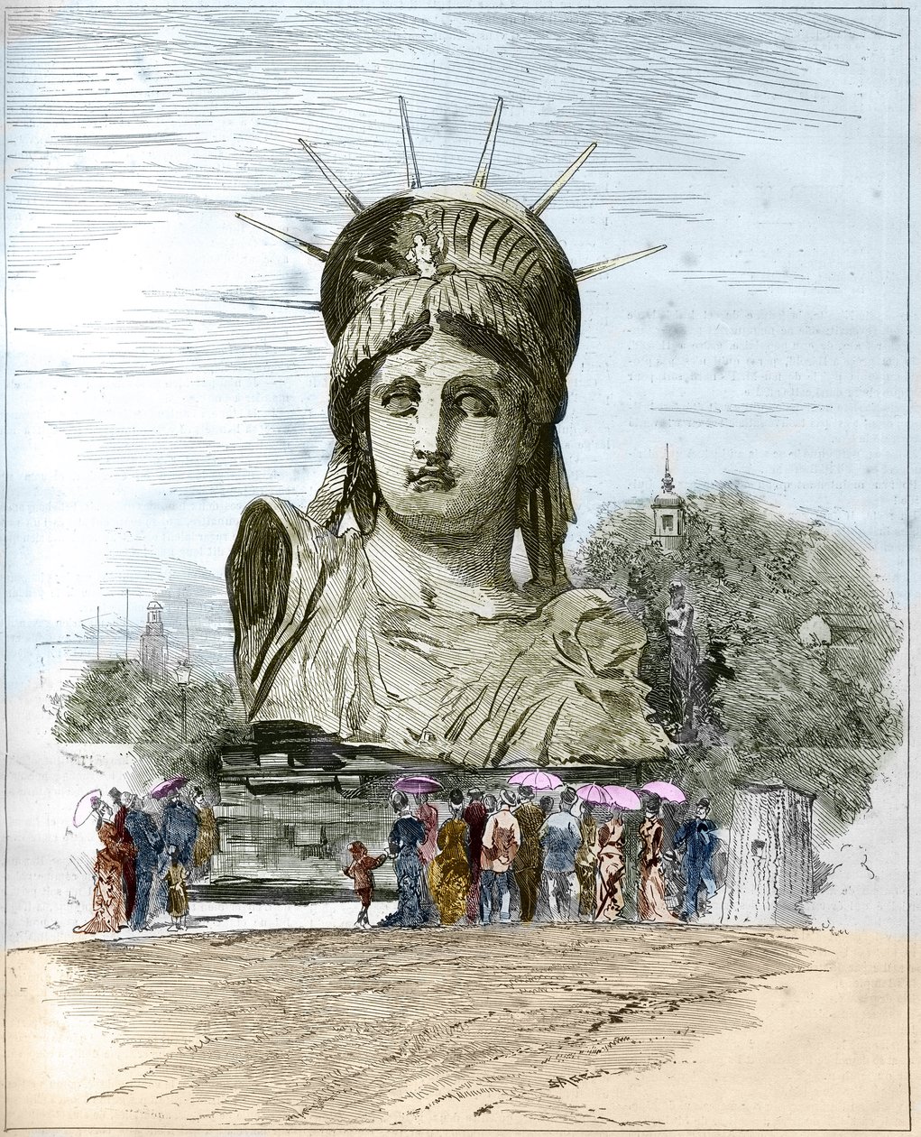 Světová výstava 1878 v Paříži: hlava Sochy svobody od Frederica Augusta Bartholdiho (1834-1904). Rytina Edgarda Morina v „The Illustrous World““ č. 1111 z 13. července 1878. od French School