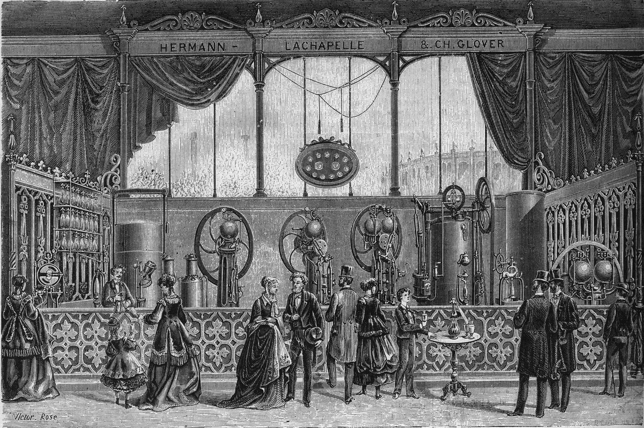 Světová výstava 1867: plynové vodní spotřebiče vynalezené Hermannem Lachapellem (Hermann-Lachapelle) a Gloverem (saturátor, gazometr, rozprašovač, dávkovací čerpadlo...). Rytina v „“ Le Monde Illustré““ č. 578 z 9. května 1868. od French School