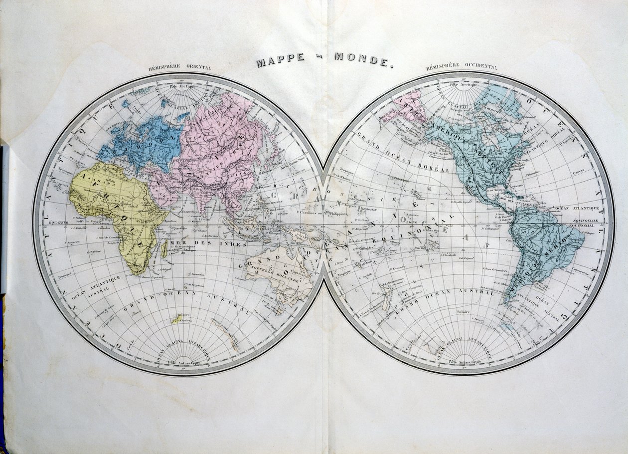 Mapa světa, ilustrace z Atlas Geographique Moderne od Prosper-Auguste Poulain de Bossay, kolem roku 1850 od French School