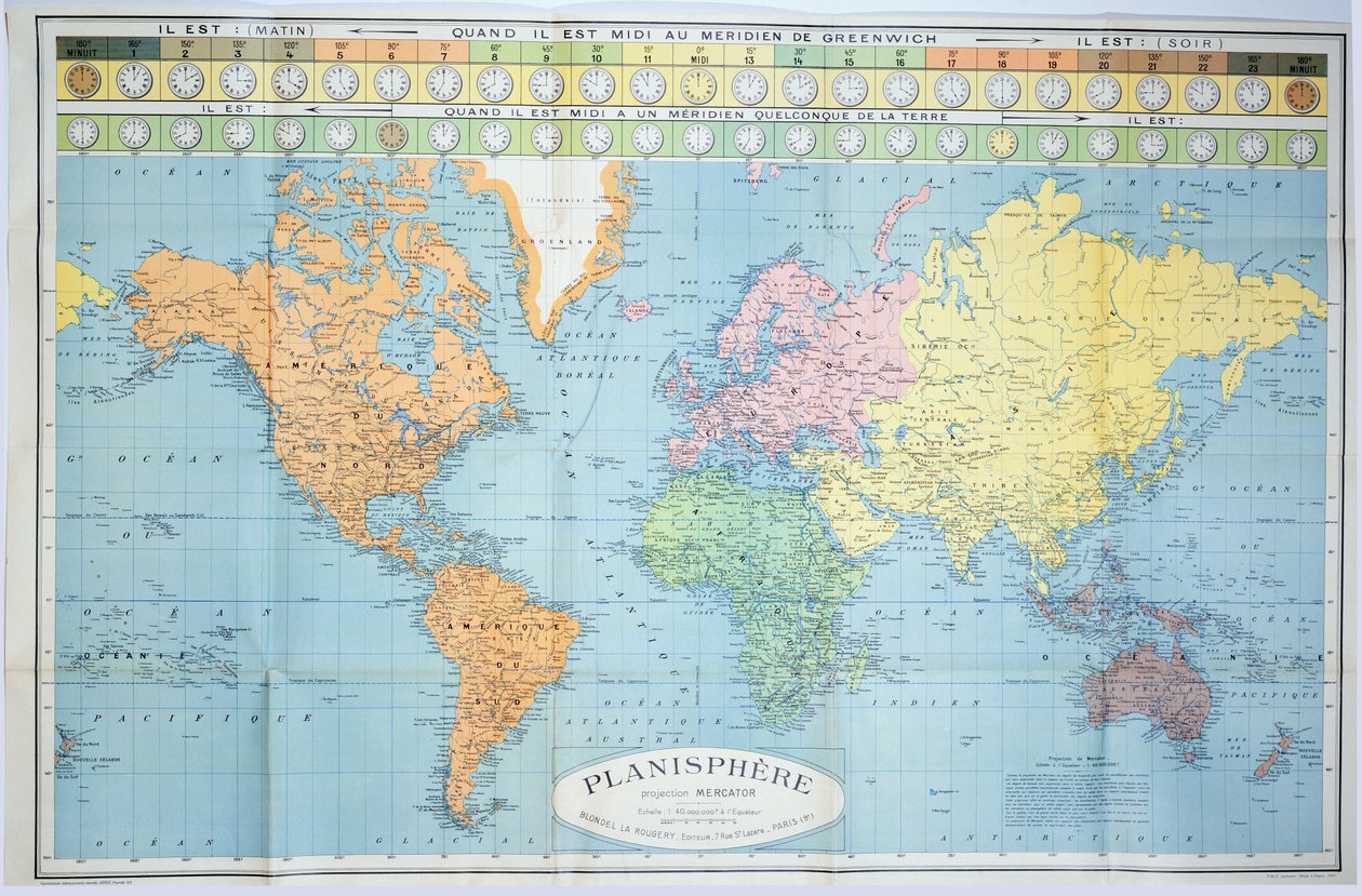 Mapa světa různých časových pásem, vydaná Blondel La Rougery v Paříži kolem roku 1920 od French School