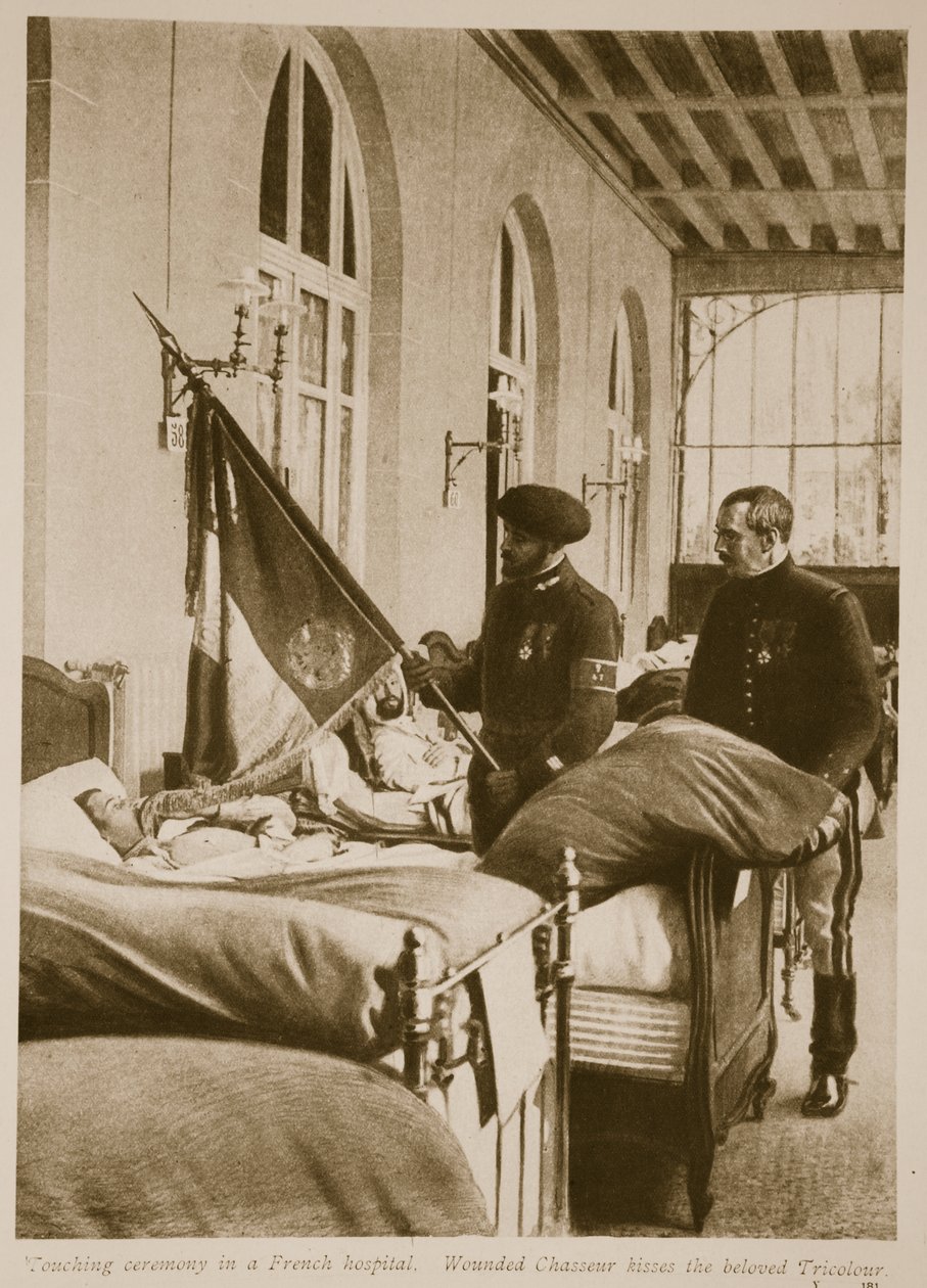 Raněný chasseur líbá milovanou trikolóru, 1914-19 od French School