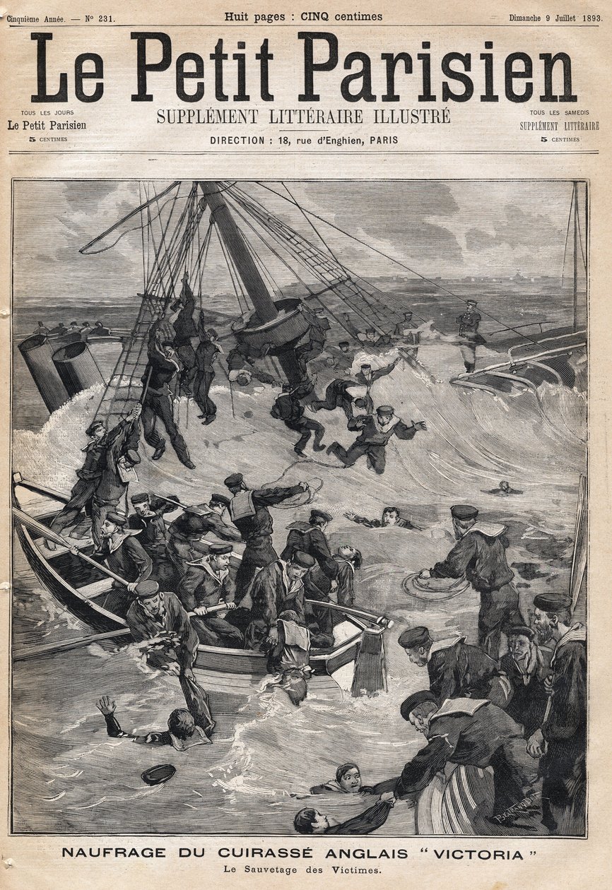 Vrak anglického obrněnce "Victoria"" po kolizi na pobřeží Sýrie a záchrana obětí. Jeden z novin "Le petit Parisien"" ze 7.9.1893 (rytina) od French School