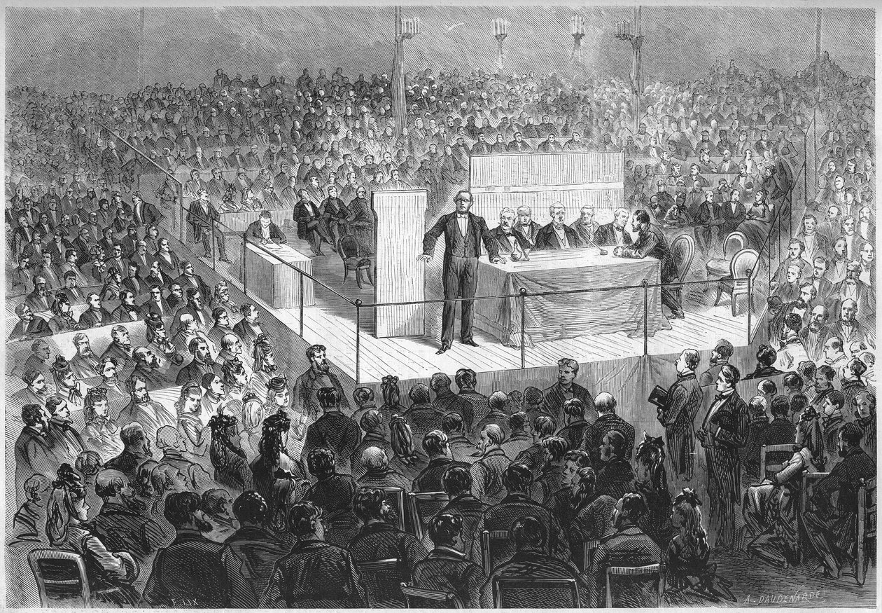 Spisovatel Ernest Legouve (1807-1903) předsedá „vlasteneckému setkání“ organizovanému s cílem získat finanční prostředky na vykoupení francouzských departementů okupovaných Německem od konce války v roce 1870. Paříž, cirkus Champs Elysees, 25. února od French School