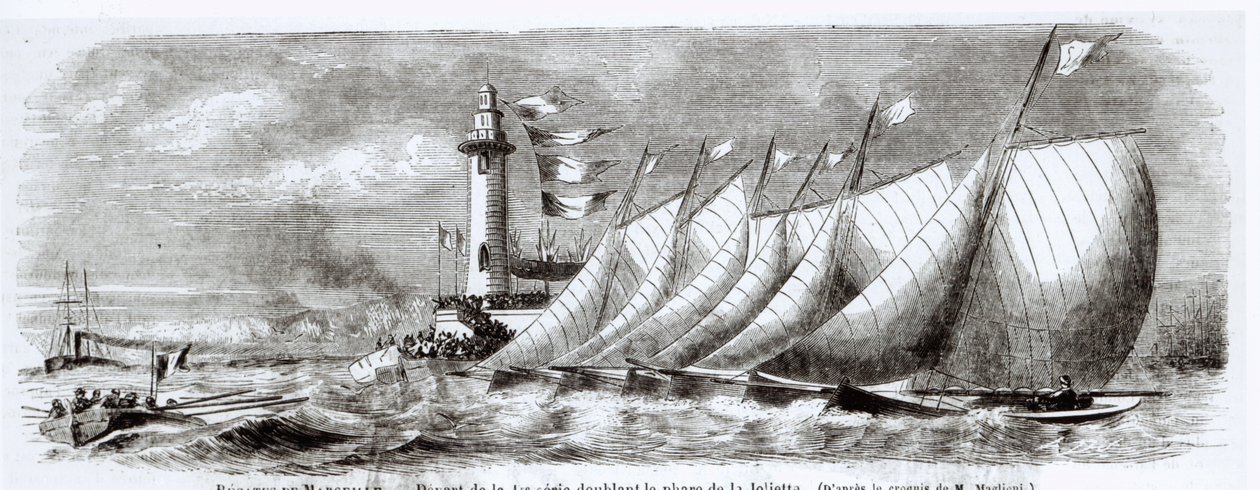 Jachty obeplouvající maják Joliette během regaty v Marseille v roce 1864 z Le Monde Illustre, 17. září 1864 od French School