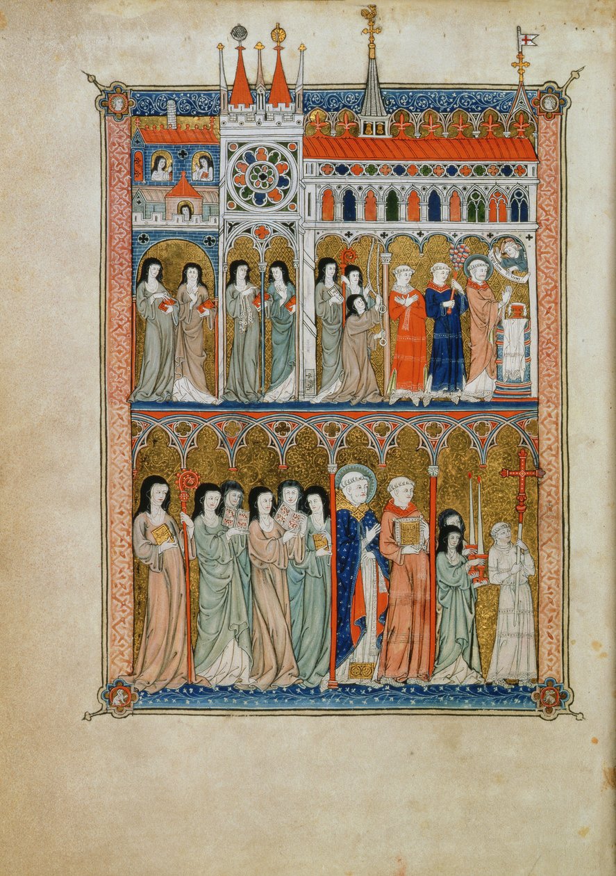 Yates Thompson 11 f.6v Mass za účasti úředníků s průvodem dole, kolem 1300 (vellum) od French School