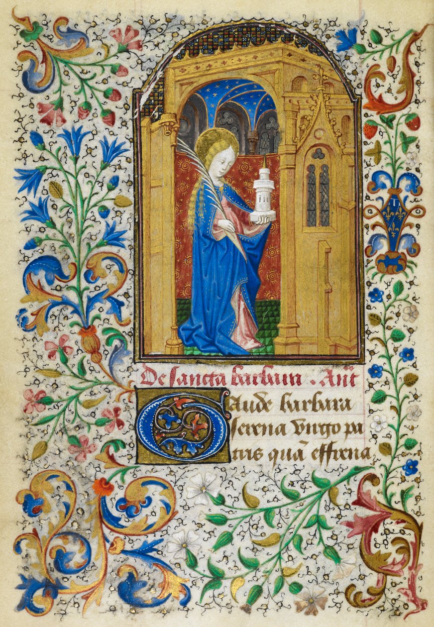 Yates Thompson 3, fol.289v Miniatura svaté Barbory pod zlatým obloukem, nesoucí palmu a její věž, s plným listovým okrajem, na začátku jejího volebního práva, z 