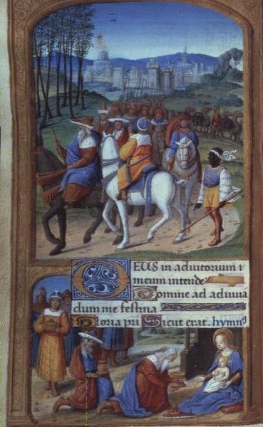 Yates Thompson 5 f.48v Adoration of the Magi, from the Tilliot Hours, Tours (vellum) (detail of 20292) od French School