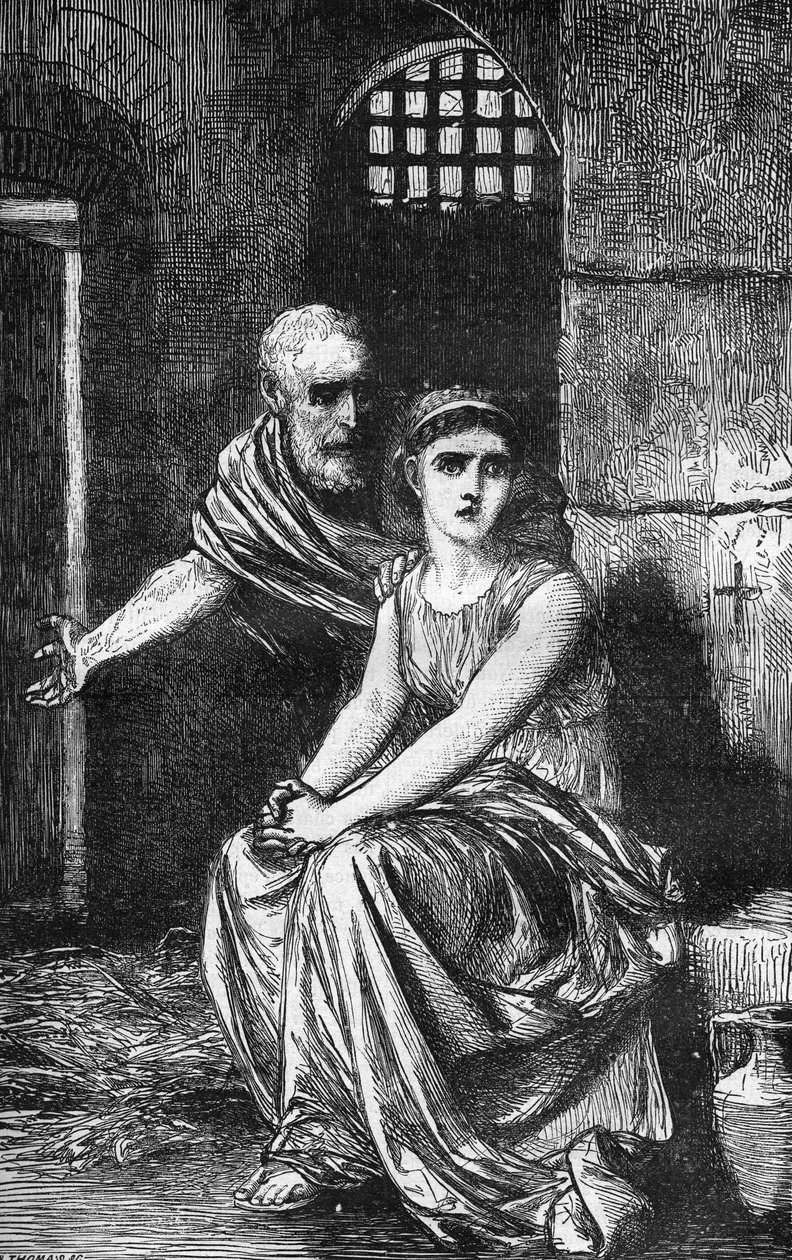 Mladá křesťanská panna Theodora Alexandrijská zavřená v domě zhýralosti za to, že se odmítla vzdát své víry. Rytina do „Historie prostituce a zhýralosti mezi všemi národy světa od starověku po současnost“ od Dr. Th. -F. od French School