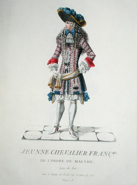 Mladý rytíř Řádu maltézských rytířů v roce 1678, ilustrace ze „Sbírky všech kostýmů náboženských a vojenských řádů“ od French School