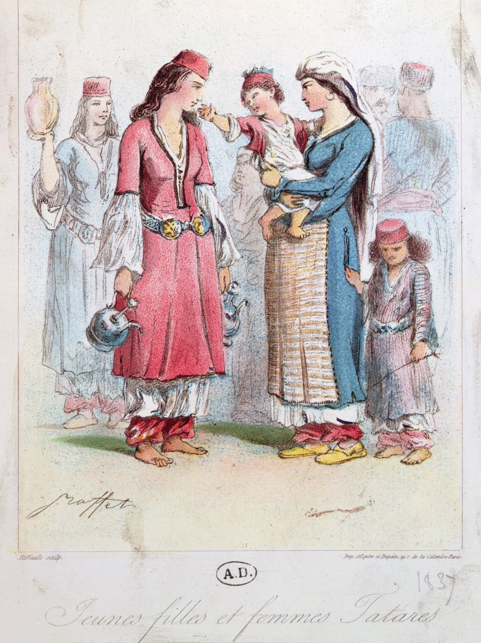 Mladé tatarské dívky a ženy, 1837 (barevná rytina) od French School