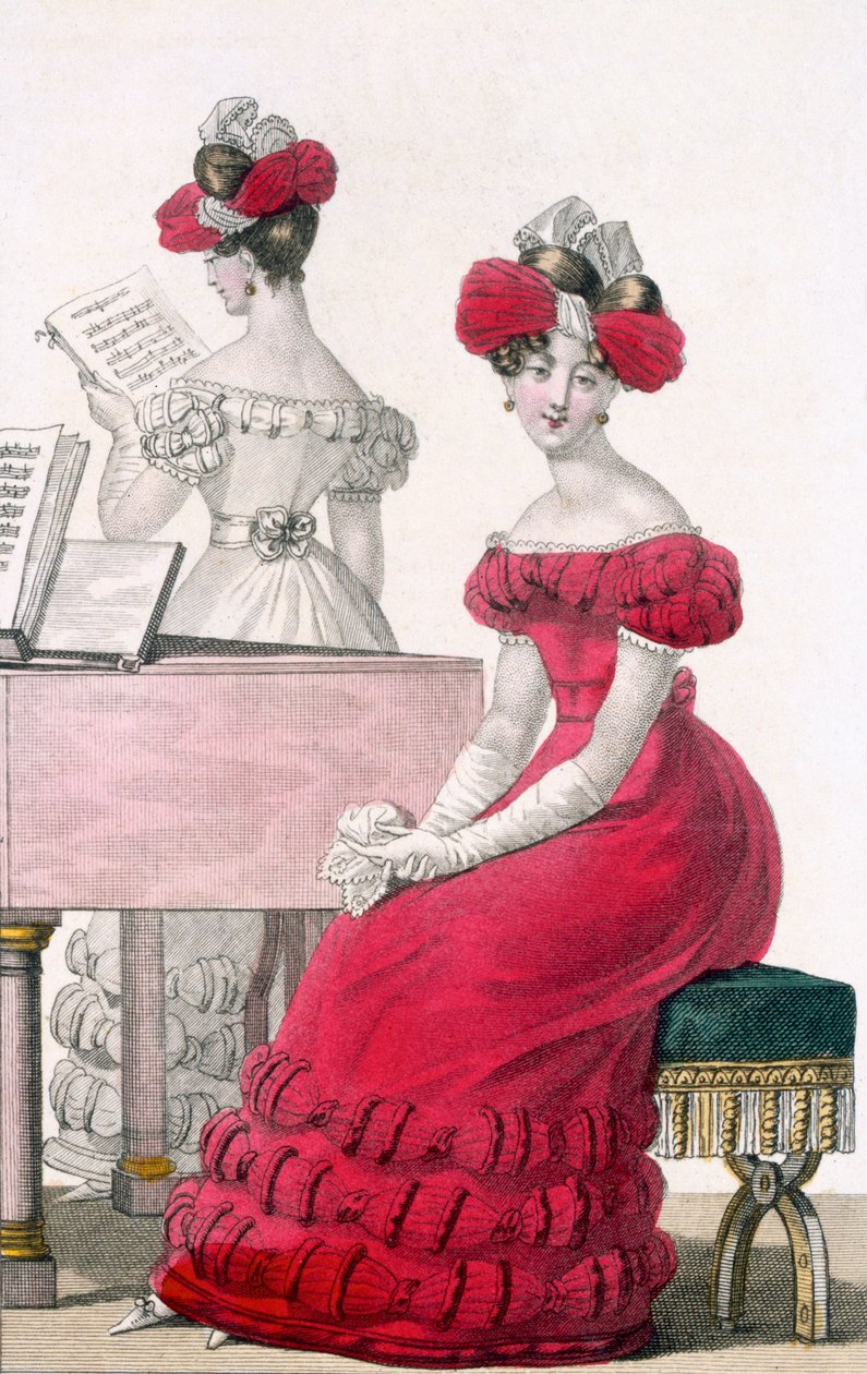 Mladá žena v krepových večerních šatech s ozdobnou čelenkou, reklama v Modes de Paris, cca 1825 od French School