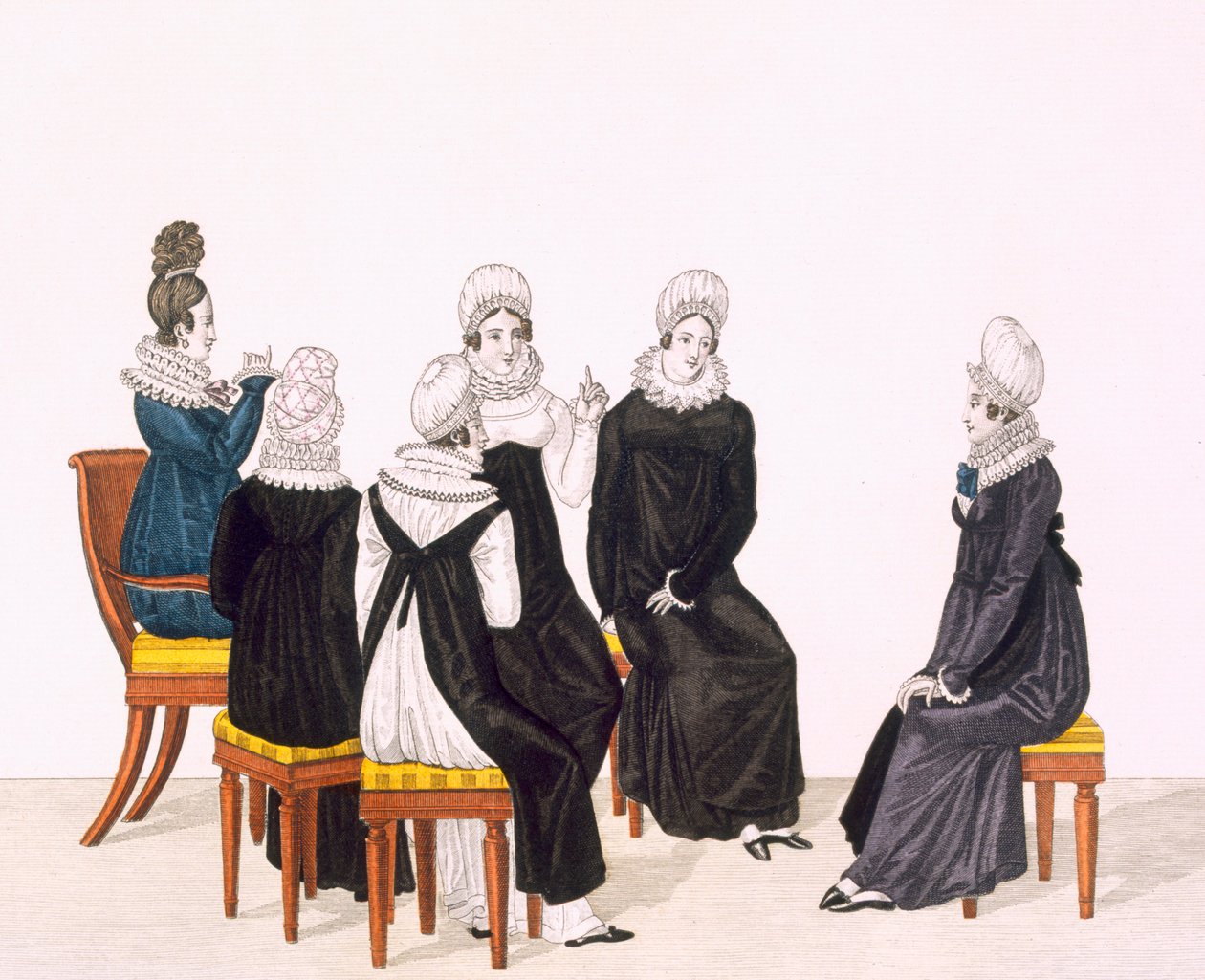 Chatování mladých žen, c. 1820 (barevné rytí) od French School