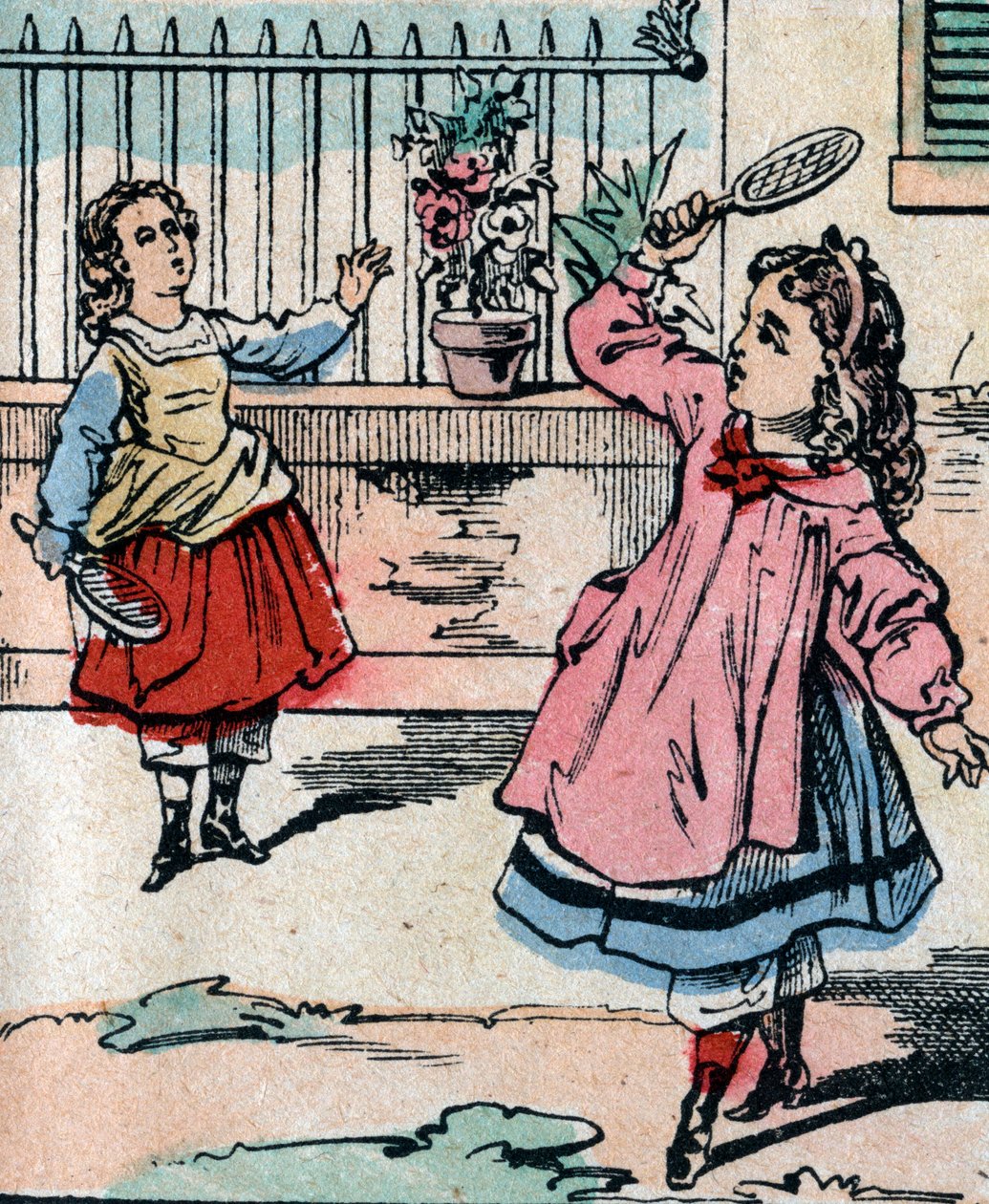Mladé dívky hrají bitevníky a pérák, raná hra podobná badmingtonu - Epinal obrázek - 19. století (rytina) od French School