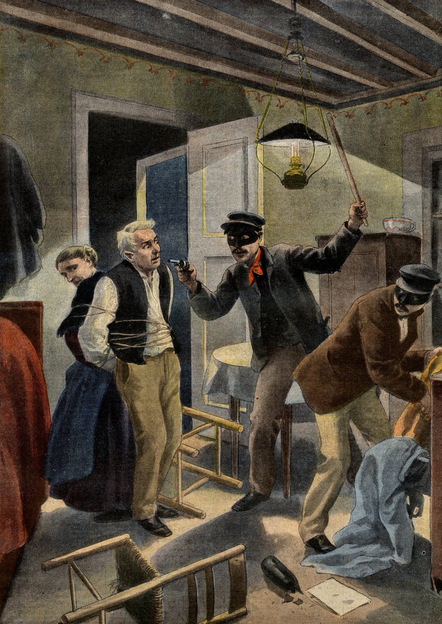 banditry - Banditry - Starší pár okraden maskovanými vetřelci v jejich domě v Gers ve Francii. Scéna banditismu v Gers. Ilustrace pro Le petit Journal, 26. ledna 1902. od French School