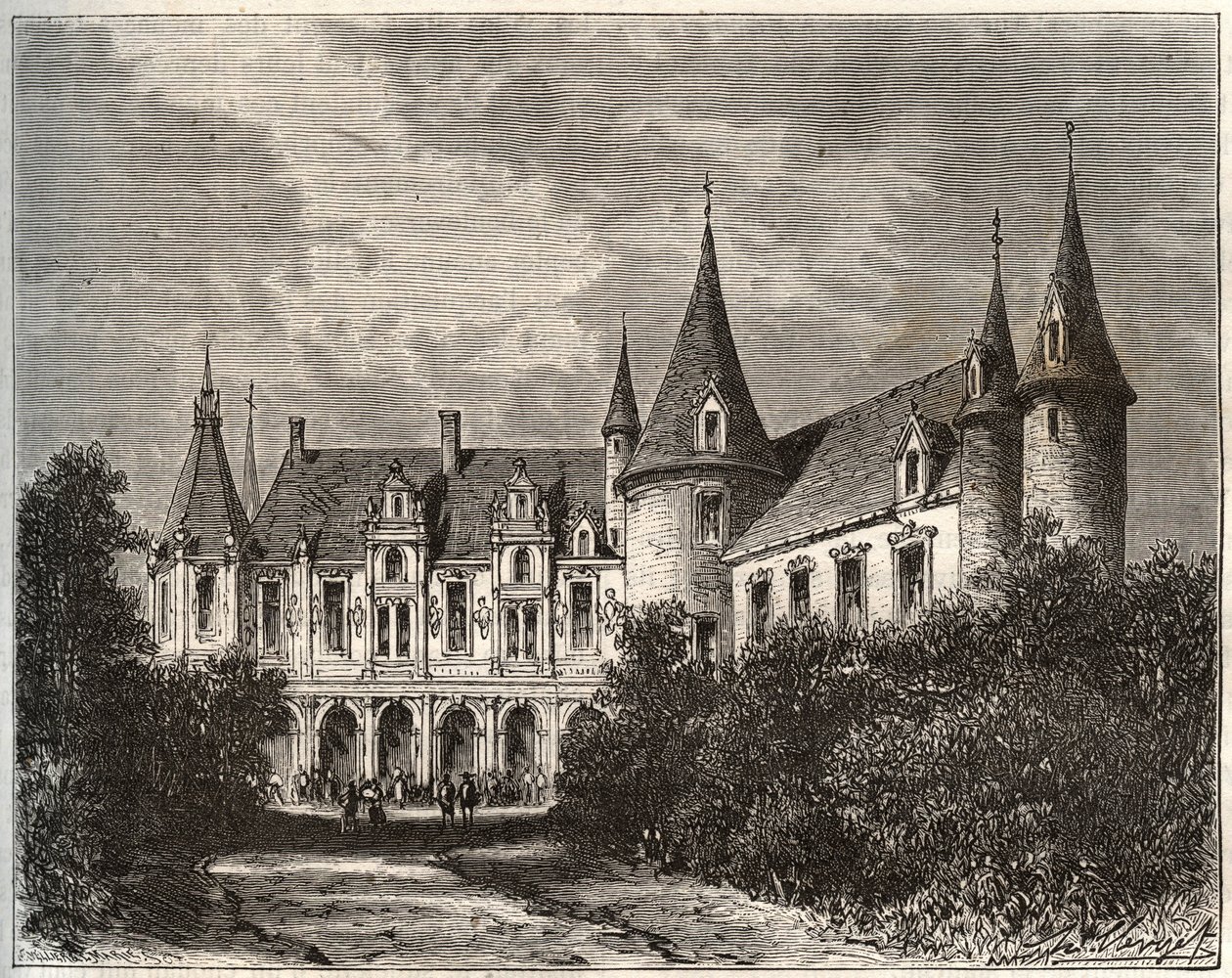 Chateau du Rocher v Mezangers v Mayenne - rytina v „La France illustrée: geografie, historie, statistická správa“ od V.A. Malt-Brown. 1884 od French School