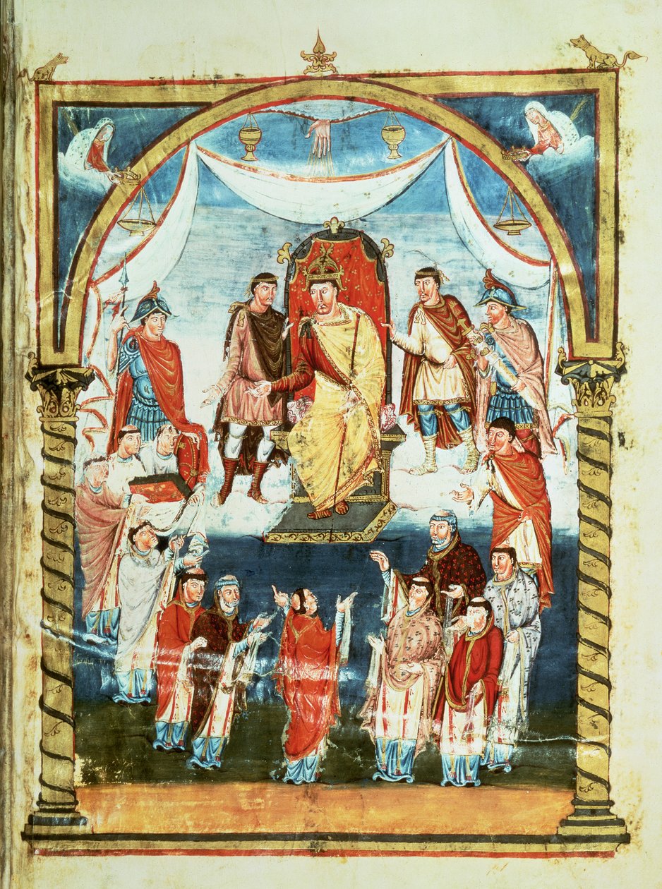 ds Lat 1 fol.423r Král Karel II. přijímá Bibli od hraběte Viviana a mnichů ze Saint-Martin de Tours, z první Bible Karla Plešatého, asi 843-51 od French School