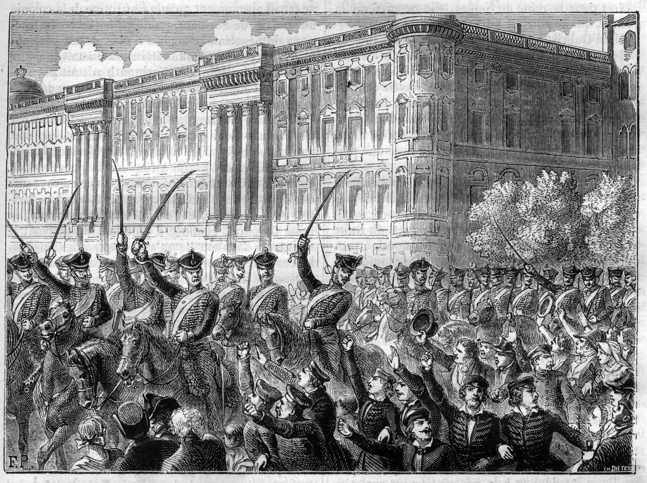 události Válka čtvrté koalice 1806 - 1807 válečné nadšení v Berlíně - Čtvrtá koalice - Velká agitace v Berlíně - Cree de guerre střílí proti Francii - v „Histoire de l’empire en suite à l’histoire du consulate“ od Adolphe Thierse - 1879 - soukromé od French School