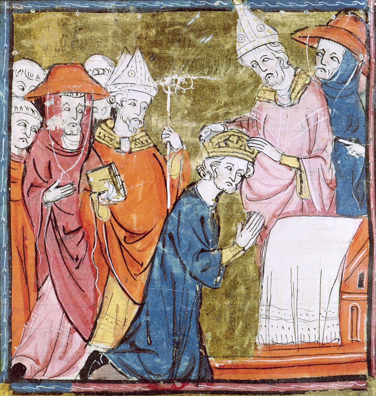 f.106r Korunovace císaře Karla Velikého (742-814) papežem Lvem III. (asi 750-816) v St. Peters, Řím v roce 800, Grandes Chroniques de France, 1375-79 od French School