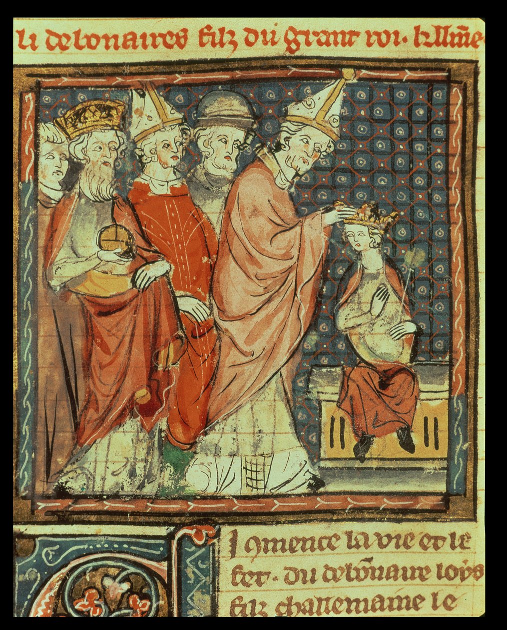 f.142r Korunovace Ludvíka I. Pobožného (778-840) císařem Svaté říše římské papežem Štěpánem IV. (papež 816-817) v Remeši v roce 816, z Grandes Chroniques de France, 1375-79 od French School