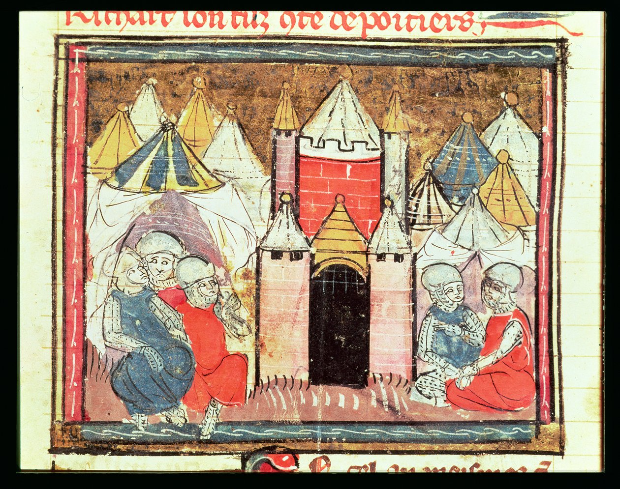 f.259r Obléhání Chateau-Gaillard v roce 1204, kdy Philip Augustus Francouzský (1165-1223) porazil anglického krále Jana (Lacklanda) (1199-1216), z Grandes Chroniques de France, 1375-79 od French School