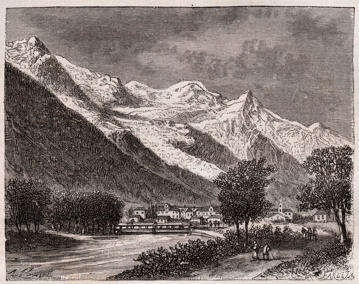 údolí Chamonix a mont Blanc - rytina v „La France illustrée: geografie, historie, statistická správa“ od V.A. Malt-Brown. 1884 od French School